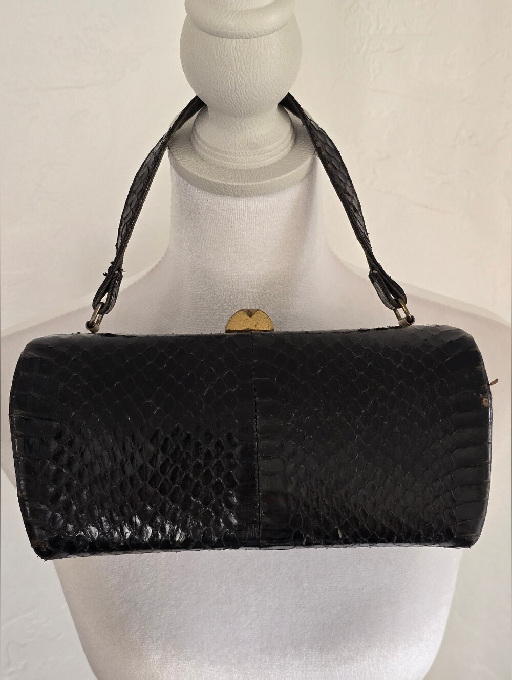 Vintage Black Python-Texture Shoulder Bag